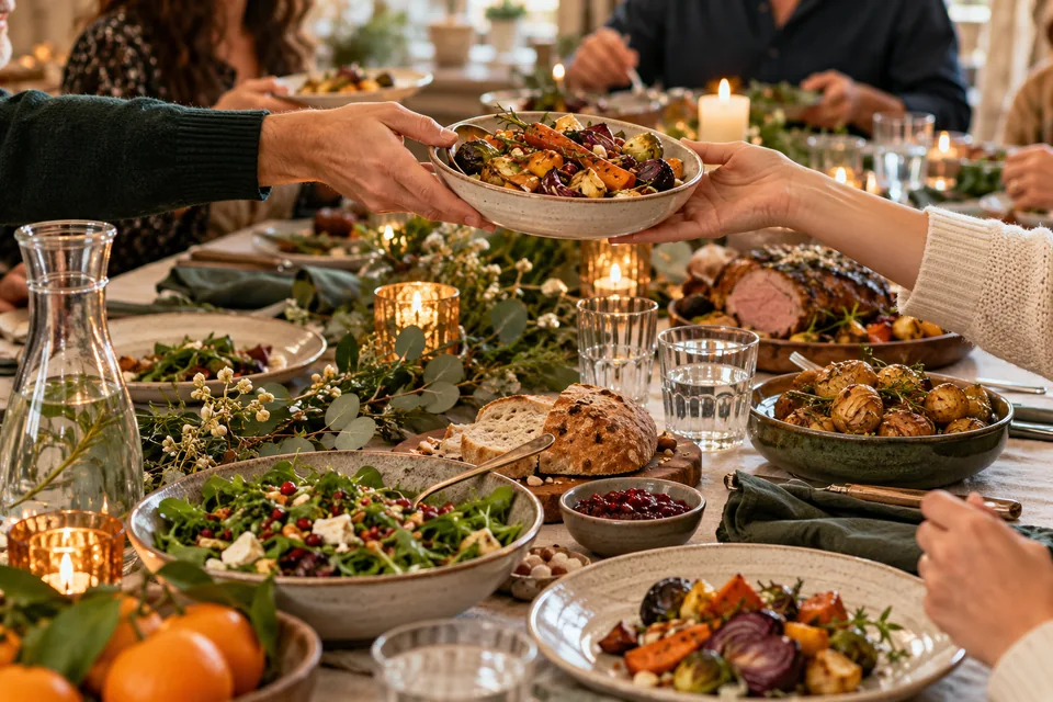 Festdekket bord med grønnsaker, felles retter og en vannkaraff