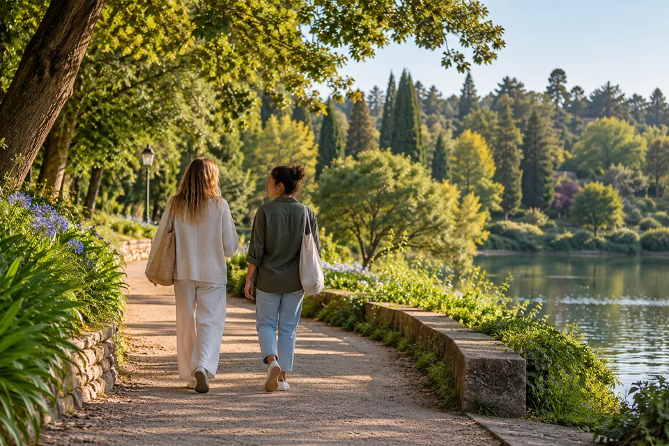 Venner på tur langs en grønn parksti