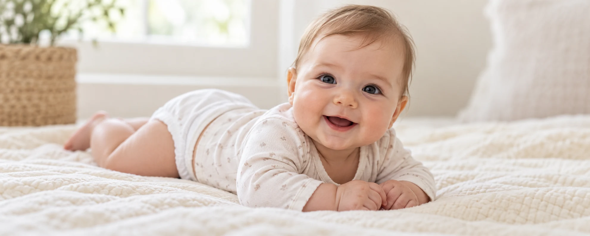 Baby i lyse klær på et teppe